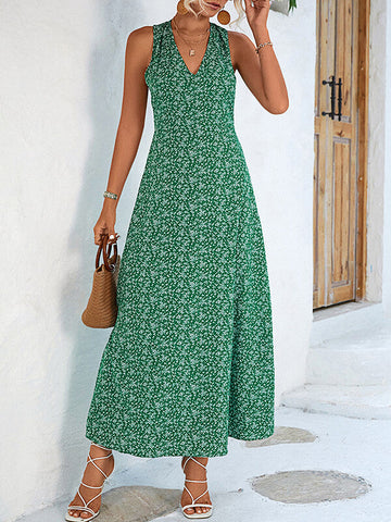 Woochic robe longue imprimé à fleurie bretelle v-cou bohème de plage Vert emeraude S